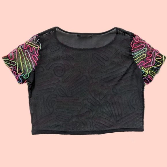 RARE Mustard Seed Rainbow Squiggle Mesh Crop Top - Picture 7 of 7